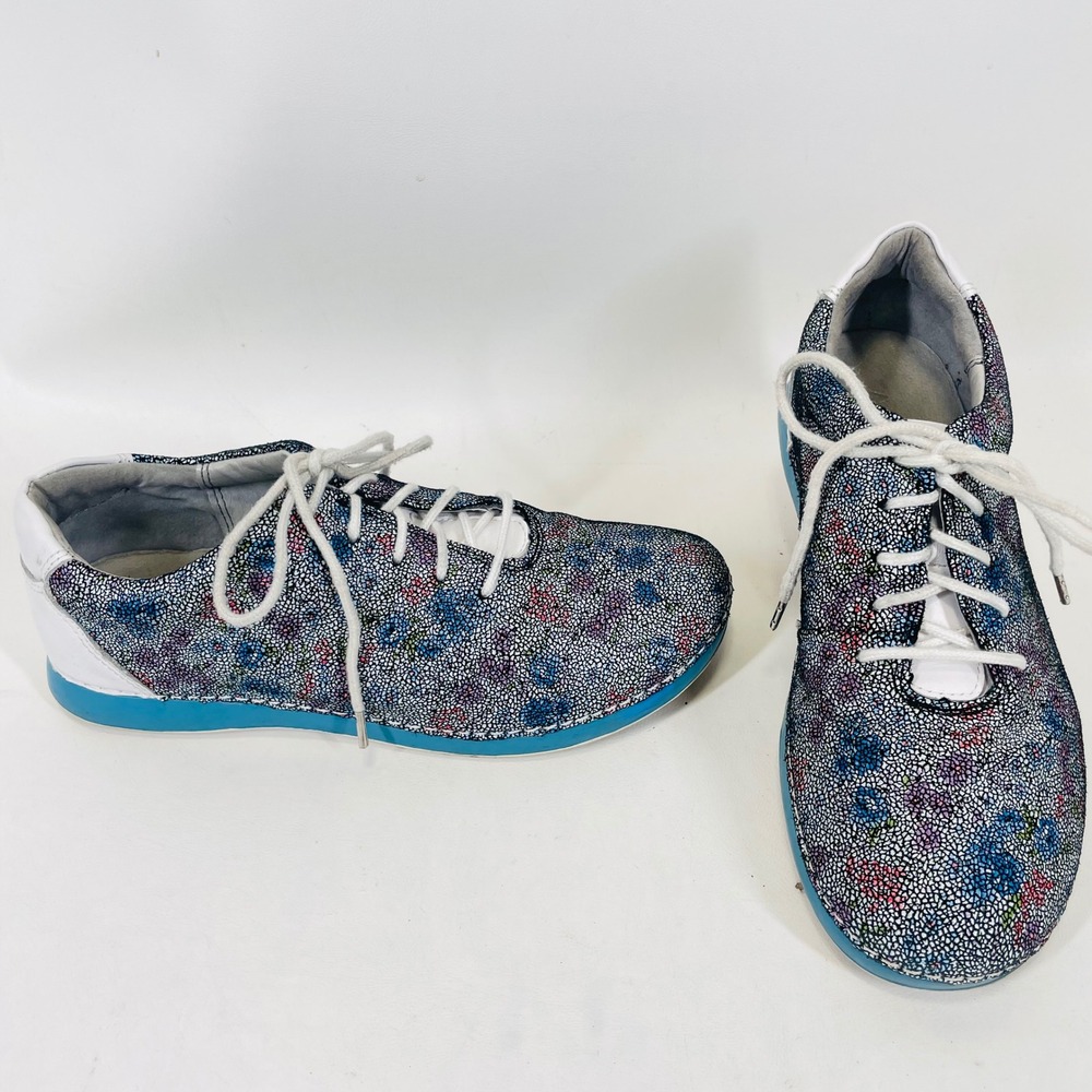 Alegria Essence ESS-132 Blue Floral Pebbled Leather Walking Sneakers Womens 38